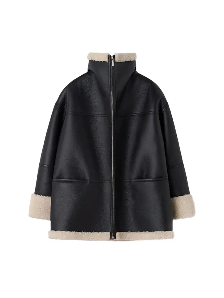 Kvinders Pels Imiteret Mode Varm Læder Frakke Kvinder Vinter Lange Ærmer Chic Velvet Revers Frakker Female Street Black Engine Lady Bike Jacket 231018