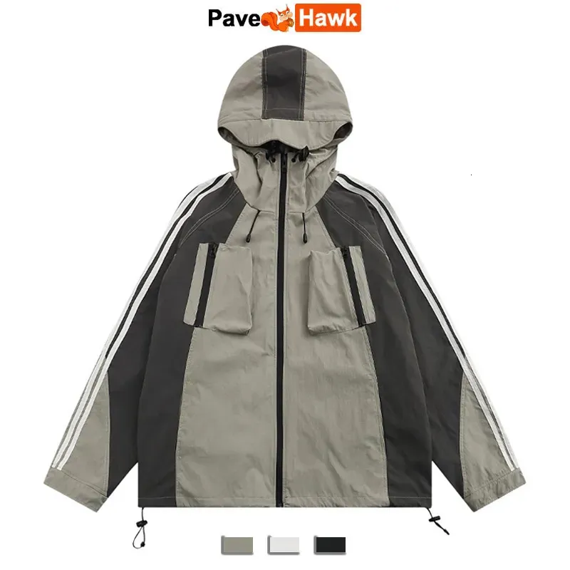 Jaquetas masculinas Vintage Jaquetas Ao Ar Livre Homens Mulheres Com Capuz Patchwork Carga Casacos Soltos High Street Casal Jaqueta Y2K À Prova D 'Água Windbreaker 231018