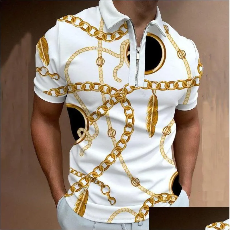 Mens S Summer High Quality Men Shirts Street Print Casual Short Sleeve Turn-Down Collar Zipper Shirt Drop Delivery