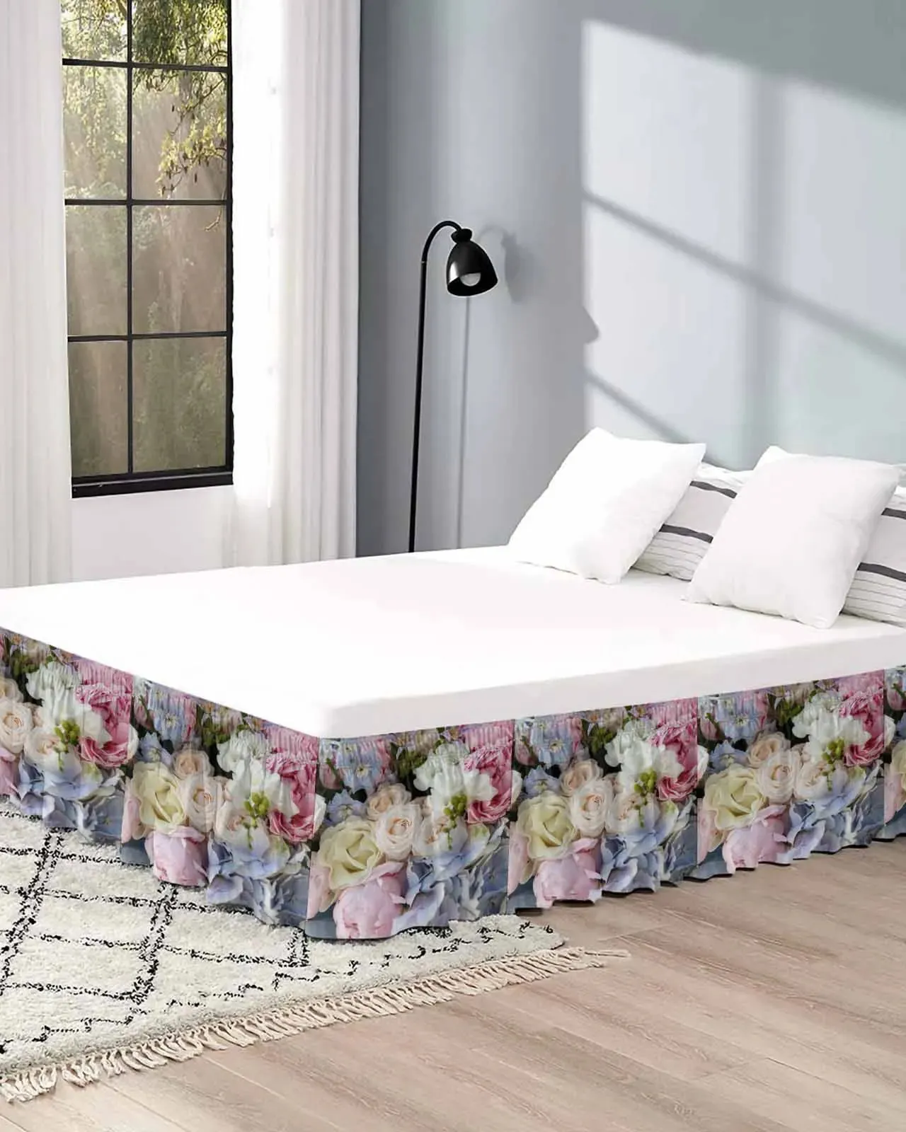 Bed Skirt White Pink Flower Cluster Bed Skirt Elastic Stretched Bed Skirt Bed Wrapping Skirts Home Decor Bedskirt 231019