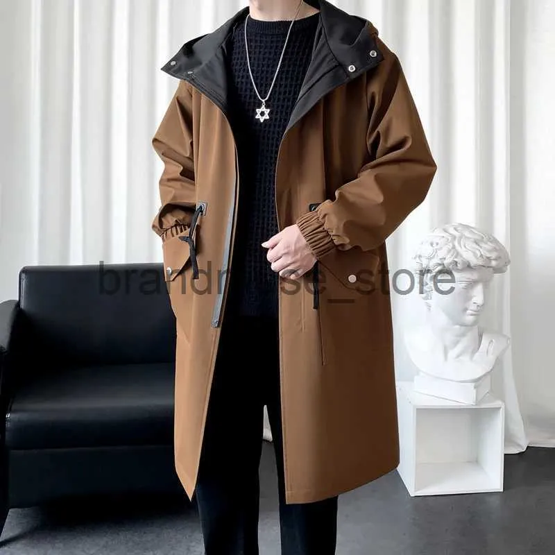 Men's Wool Blends Autumn Trench Coat Men Windbreaker Hooded Jackets Harajuku Pocket Overcoat Men Clothing Outerwear Fashion Streetwear J231019