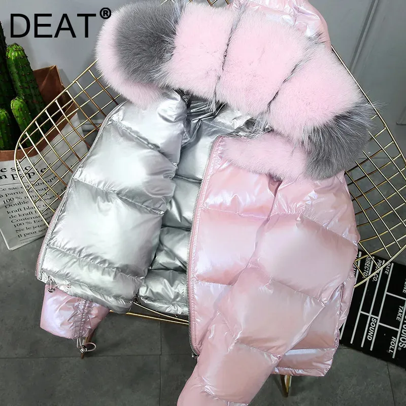 Женские пуховые парки DEAT, весенне-зимнее поступление 2023, толстое пальто с меховым воротником и капюшоном, розовая женская укороченная теплая куртка MK301 231018