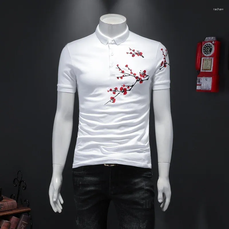 Polos pour hommes Été Fleur Broderie Polos Hommes À Manches Courtes Business Social Casual Slim Streetwear Tee Tops Vêtements