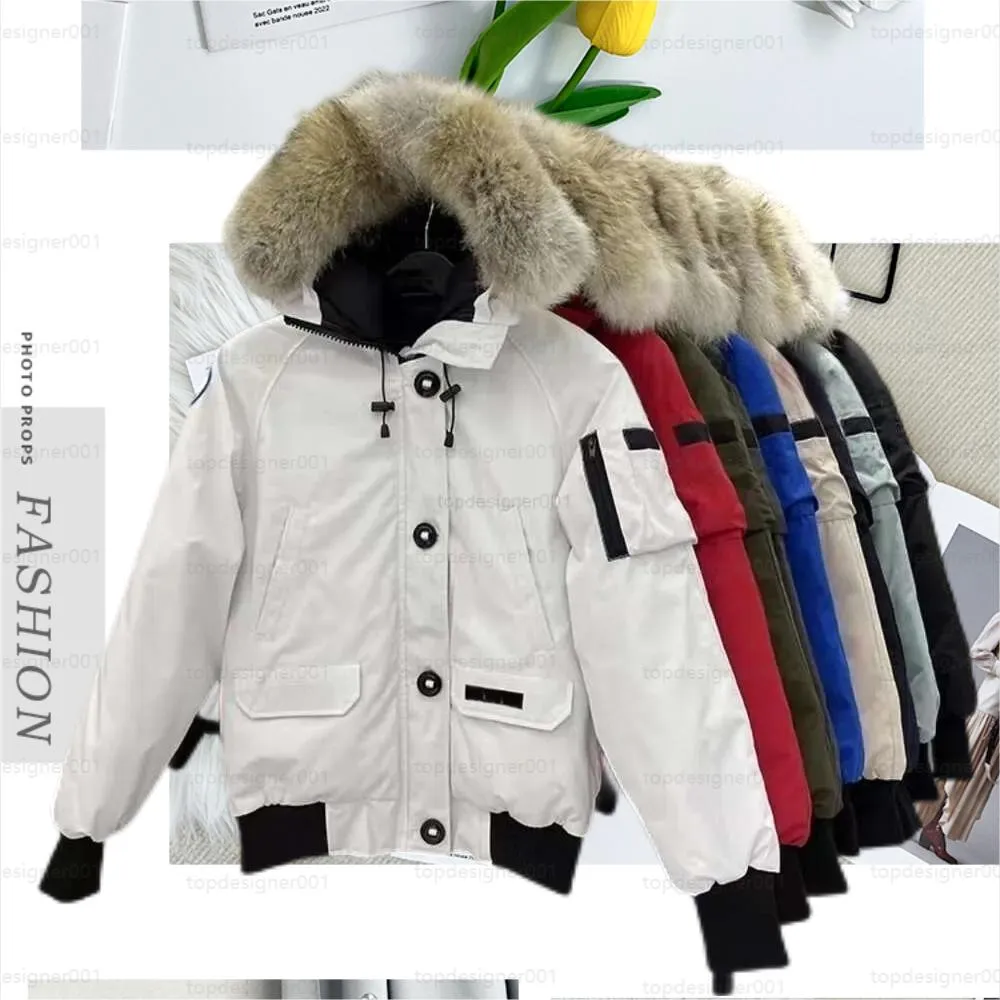 kanadyjscy mężczyźni pilotuj kurtkę prawdziwy wilk futr z kapturem płócien Paras Parkas Patch Patch Pockets Warm Gruby Projektantka Women Winter Goose Płaszcz140