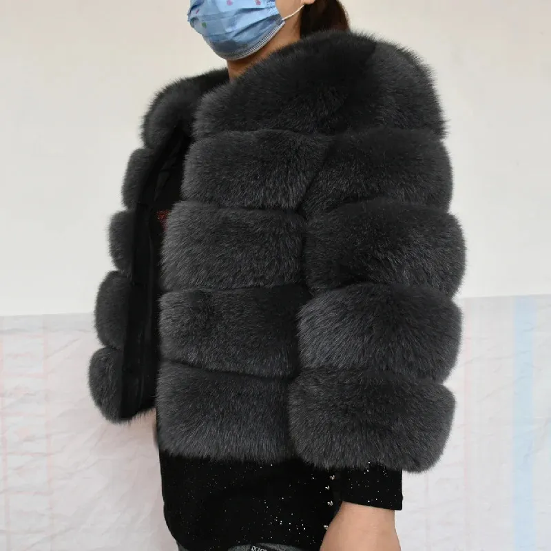 Abrigo Real de piel sintética Natural de 50CM para mujer, chaleco de invierno para mujer, chaqueta, prendas de vestir a la moda 231018