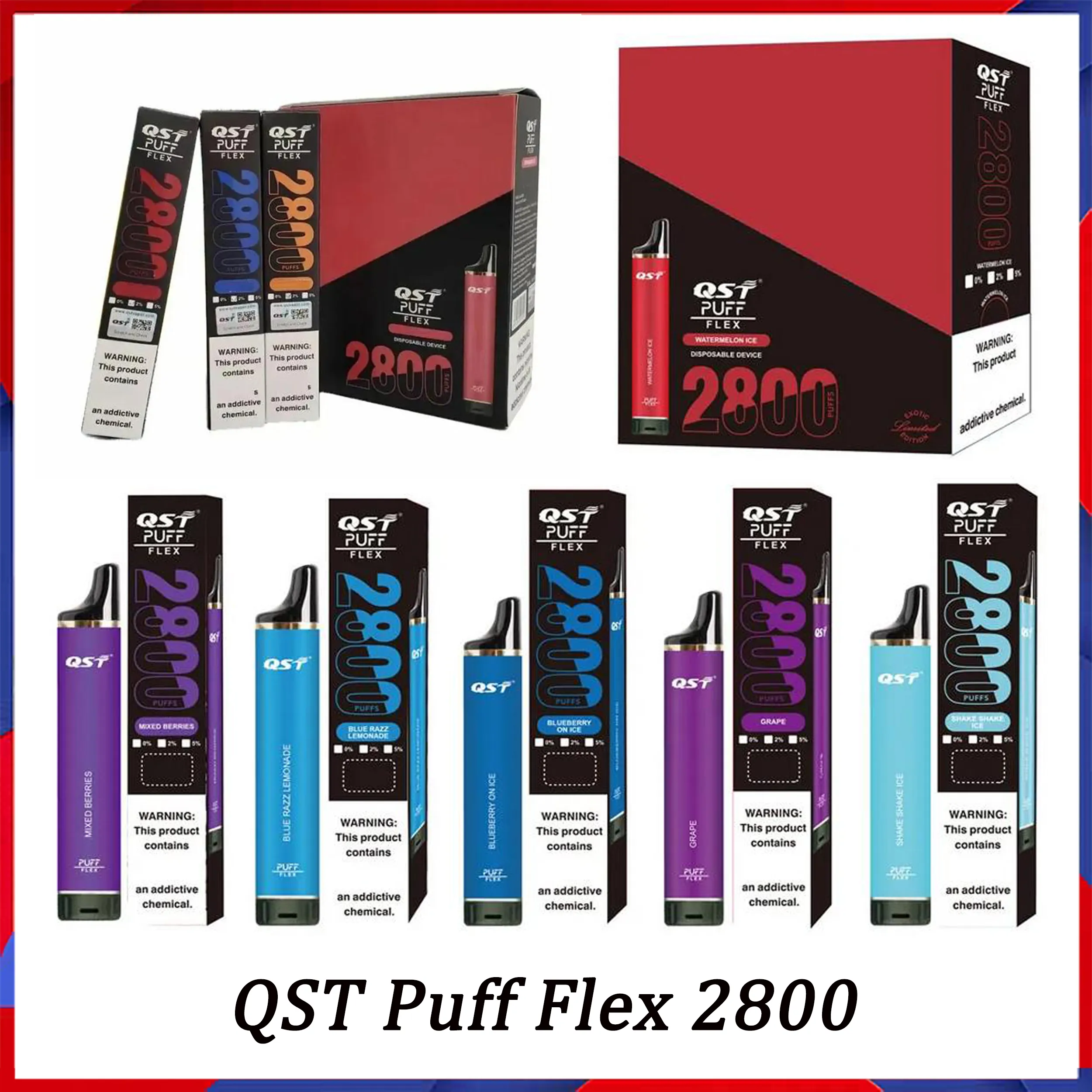 Kits de stylo vape jetables d'origine QST Puff Flex 2800 bouffées E cigarette 2% 5% 2800 bouffées 8ML préremplies 28 saveurs envoi rapide