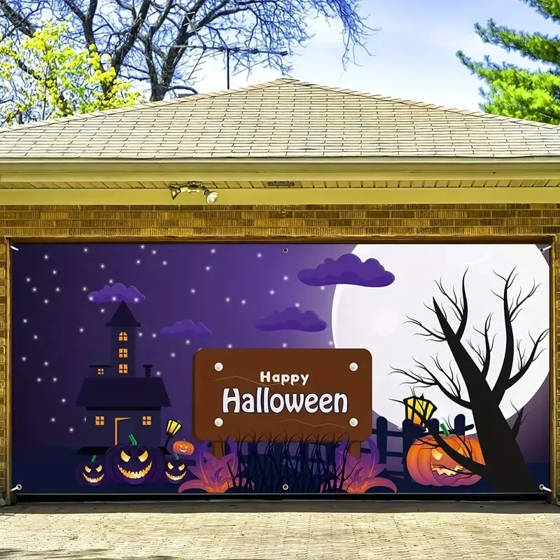 1 pièce, bannière sombre de citrouille d'Halloween Jack-O-Lantern en polyester - Bannière sacrée extra large pour décoration de fête, fournitures de décoration de porte de garage
