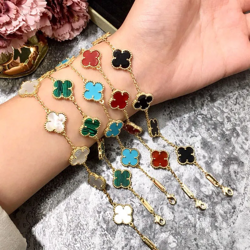 Merk Klassieke Klavertje Vier Armband Natuurlijke Fritillaria Turquoise Vijf Bloem Klaver Armband Mode Koreaanse Paar Designer Armband voor Vrouwen Sieraden