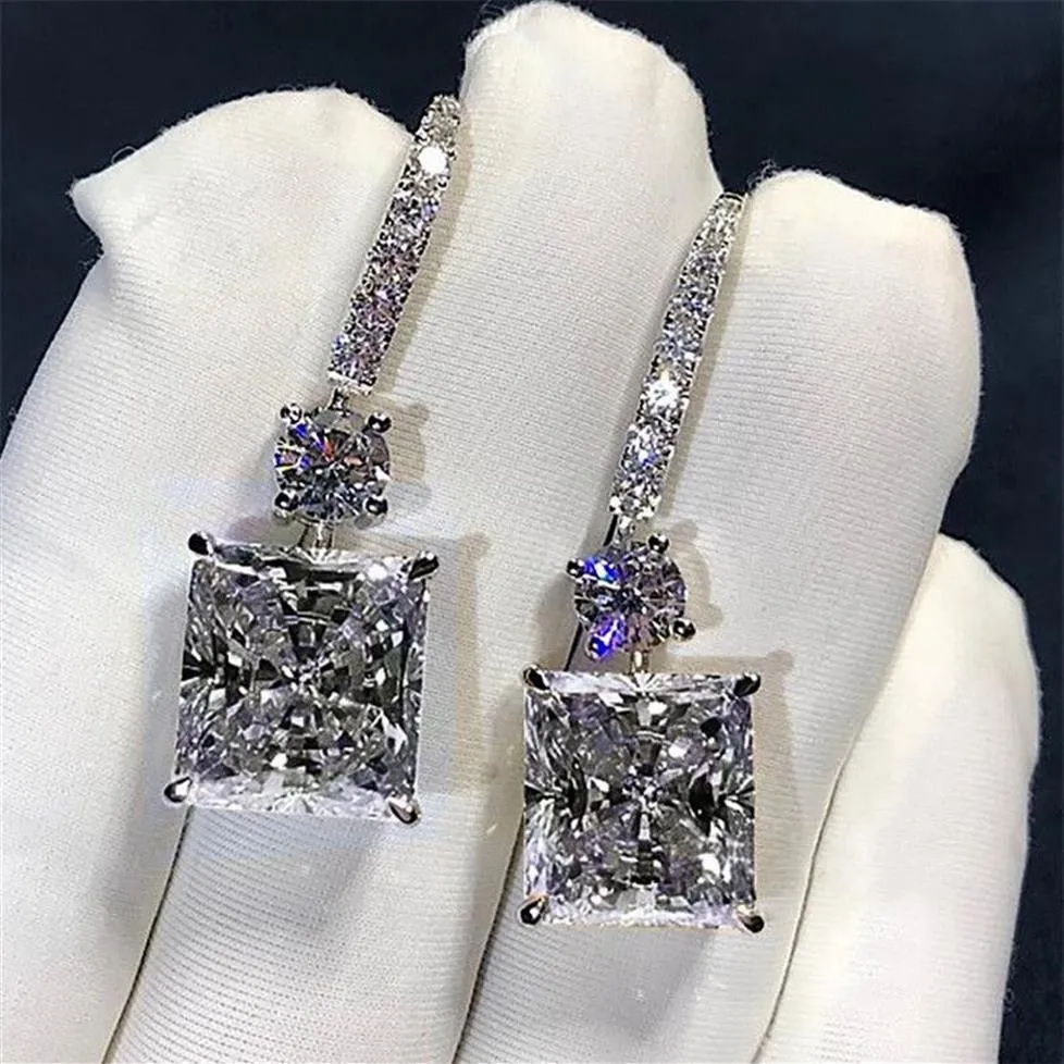 Victoria Luxury Jewelry 925 Sterling Silber Princess Cut Weißer Topas Platinierter CZ Diamant Baumelnder Ohrring Damen Brauthaken E2305