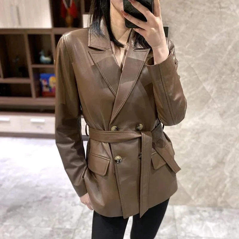 Manteau en cuir de mouton véritable pour femme, veste Blazer Slim avec ceinture, Double boutonnage, mode printemps-automne 2023