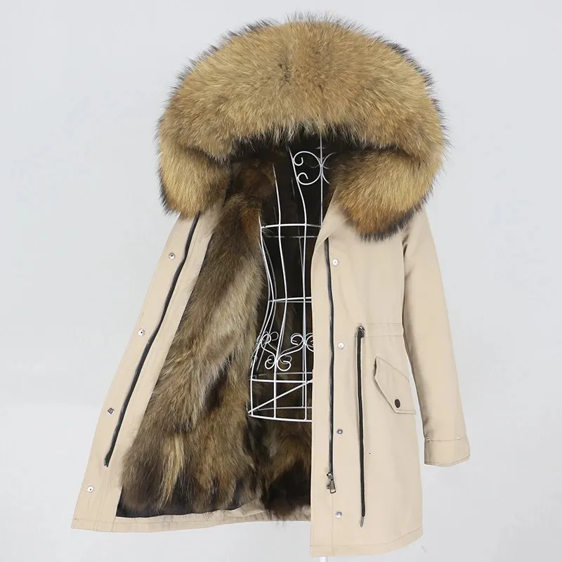 Frauen Pelz Faux OFTBUY 2023 Lange Wasserdichte Parka Echt Mantel Winter Jacke Frauen Kapuze Natürliche Waschbär Oberbekleidung Streetwear Abnehmbare 231018