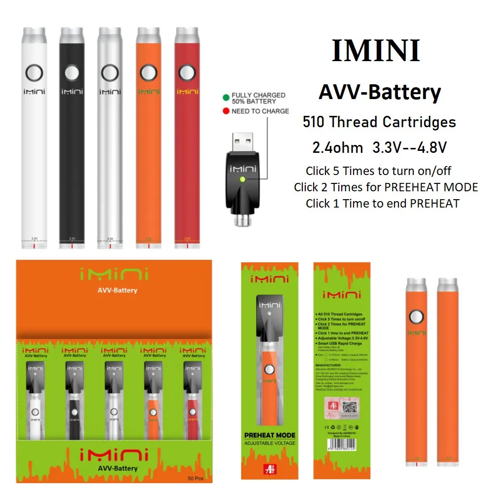 Top authentique imini 380mAh 650mAH 510mAh Tension variable 0,8 ohm Mesh bobine 18 ml Batterie E Cigarette 510 Filet pour les chariots de vape à huile épais