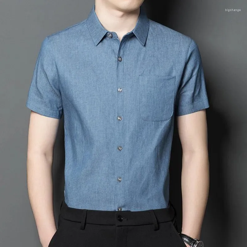 Men's Casual Shirts Cotton Denim Short Sleeve Shirt Summer Thin Fashion Lapel Business Tops Brand Clothes Classic Blue Gray