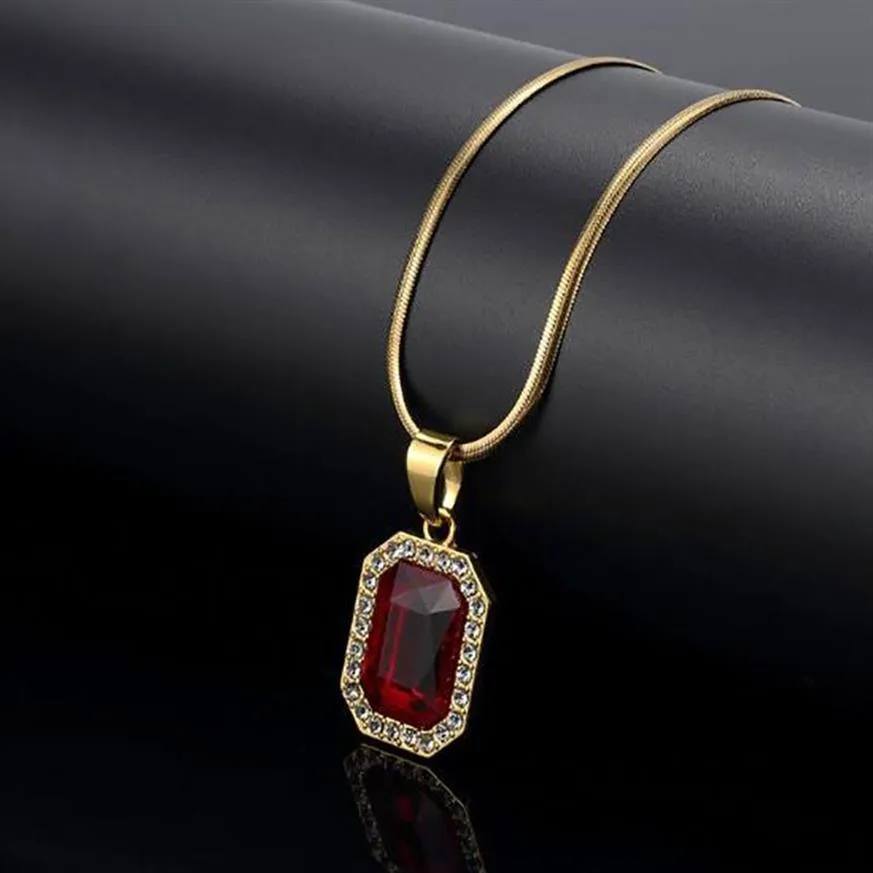 Red Lab Ruby Rectangle Gem Pendant Bling Simulated Diamonds Ruby Jewelry 18K Yellow Gold Plated Halsband Snake Bone Chain214s