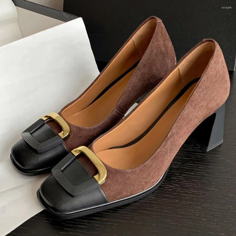 Robe chaussures mode femmes pompes en cuir printemps été luxe talons hauts designer bloc dames carrés orteils noir marron 2023