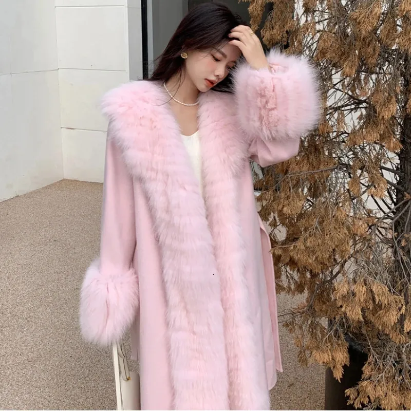 Womens Fur Faux Women Pink blue large collar Double sided Cashmere Coat Real outerwear Top Luxury Natural Wool Long Jackets 231018