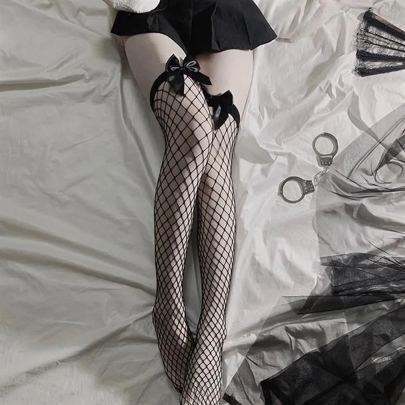 Medias de red bonitas con lazo encantador puro sobre la rodilla, lazo blanco y negro, tubo de seda transparente sexi con tirantes, medias altas hasta el muslo 303b