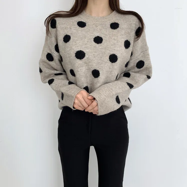 Dames Truien Koreaanse Mode Polka Dot Ronde Hals Kasjmier Truien Herfst Winter Dikke Losse Afslankende Trui Temperament Wol