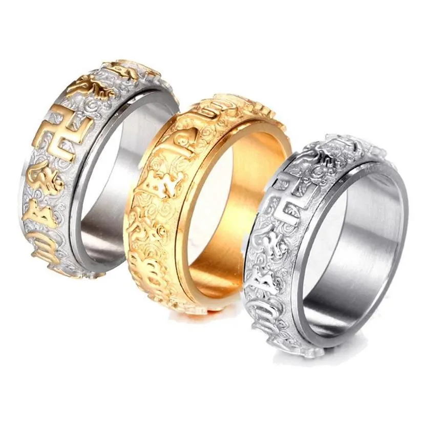 Санскритское буддийское кольцо с мантрой для мужчин и женщин, вращающееся золотого, серебряного цвета, нержавеющая сталь 316L, буддийские ювелирные изделия, кольца246z