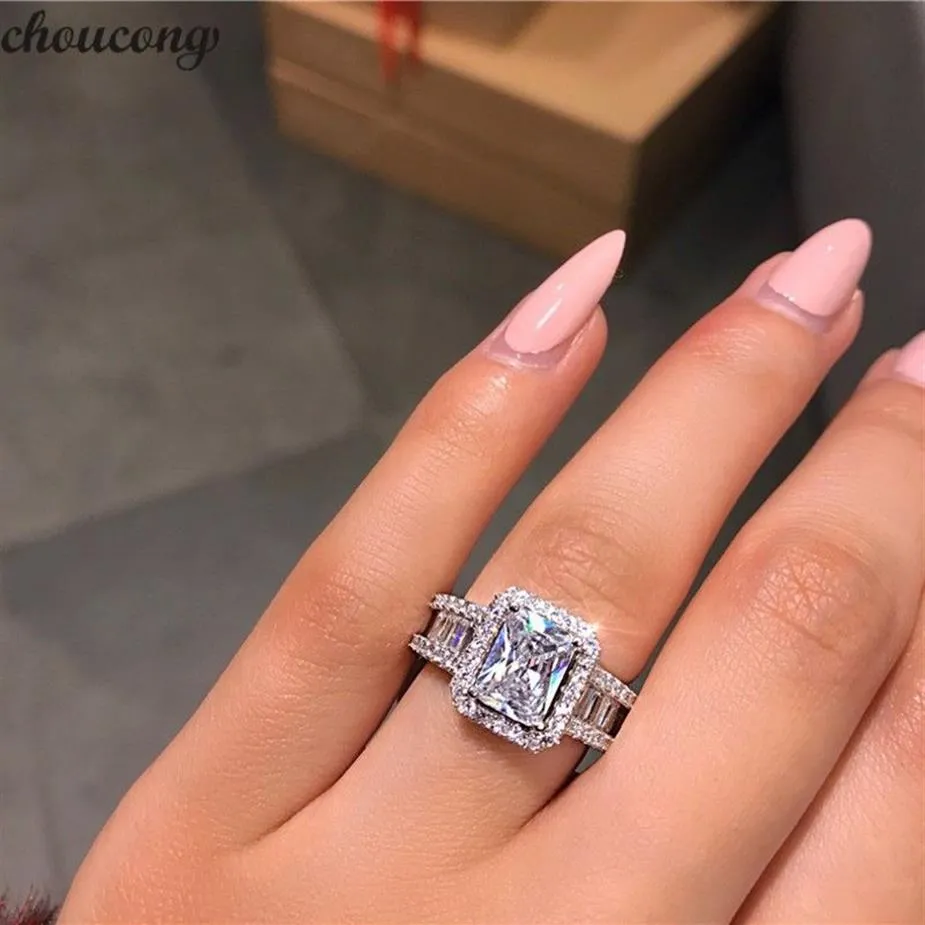 Choucong Oszałamiająca luksusowa biżuteria Prawdziwa 925 Srebrna Princess Cut White Topaz CZ Diamond Eternity Wedding Pierścień 227i