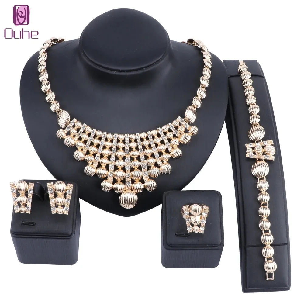 Groothandel Bruidscadeau Nigeriaanse Vrouw Bruiloft Afrikaanse Kralen Sieraden Set Merk Dubai Goud Kleur Kristal Ketting Sieraden Sets