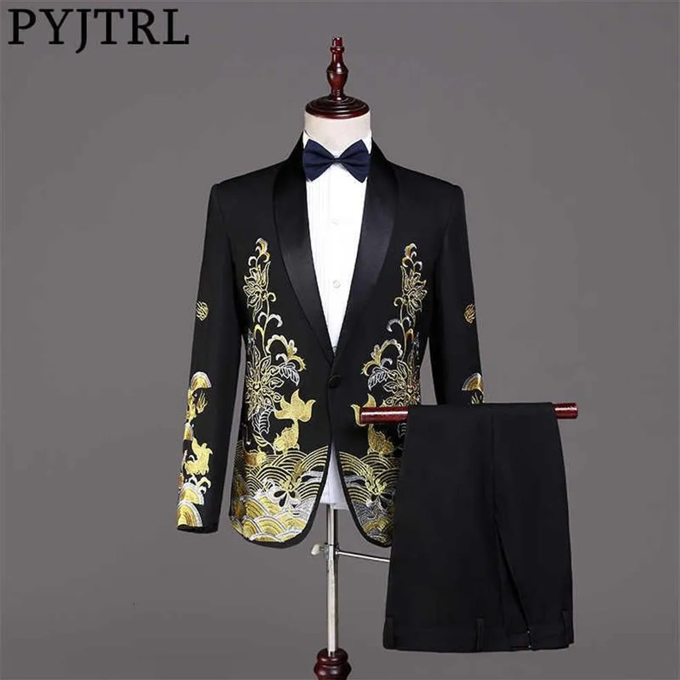 PYJTRL Mannen Mode Gouden Borduurkostuums Wit Zwart Rood Prom Jurk Podium Zangers Kostuum Bruiloft Bruidegom Tuxedo Jas Met Broek X271K