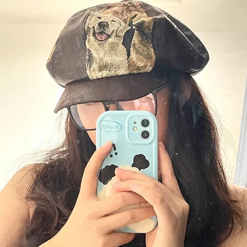 Bérets japonais Y2K grosse tête PU motif chat et chien chapeau nuage printemps et automne velours côtelé rétro épissage casquette octogonale pour hommes et femmes 231018