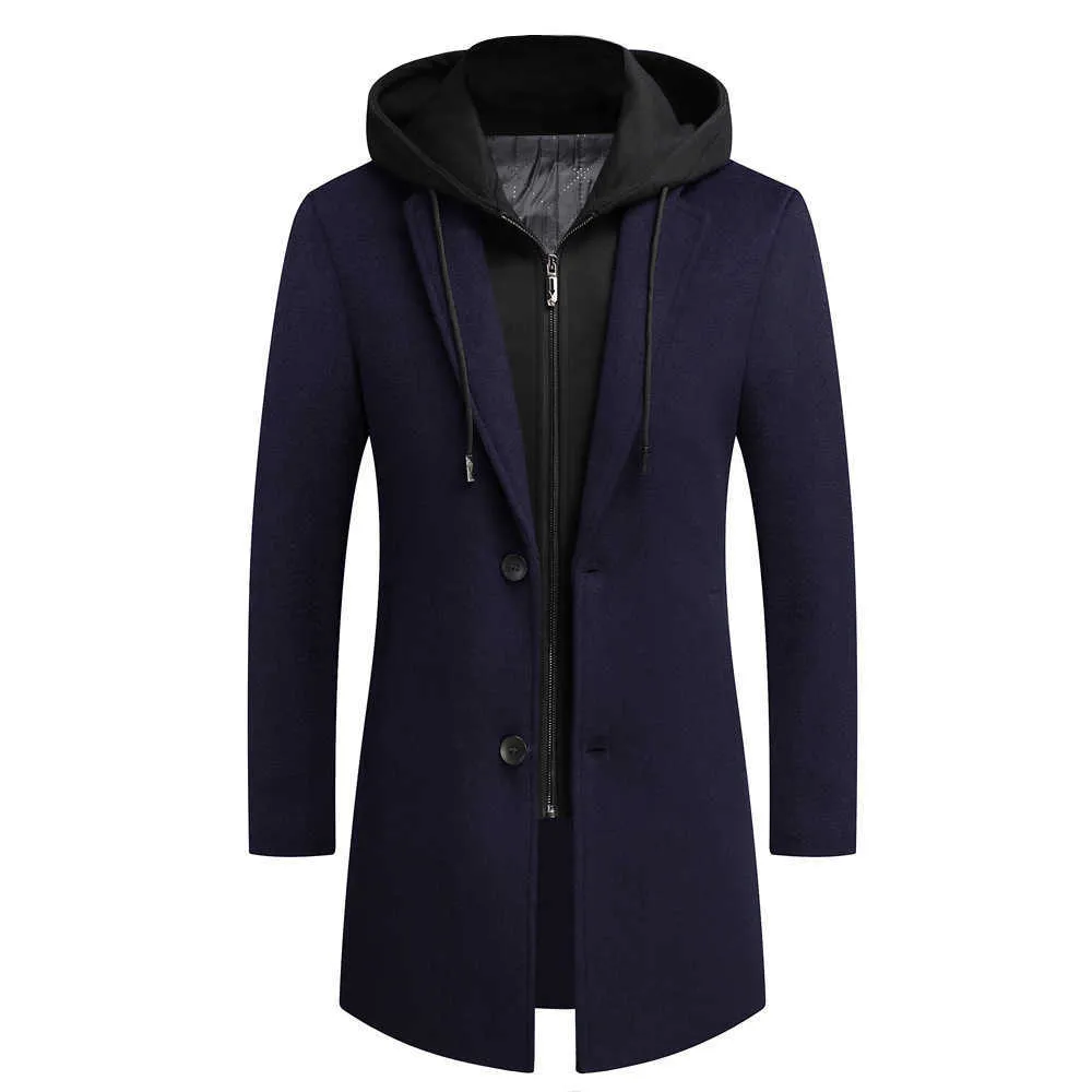 New Mens Purple Wool Blend Trench Coat Hoodie Plus Size Long