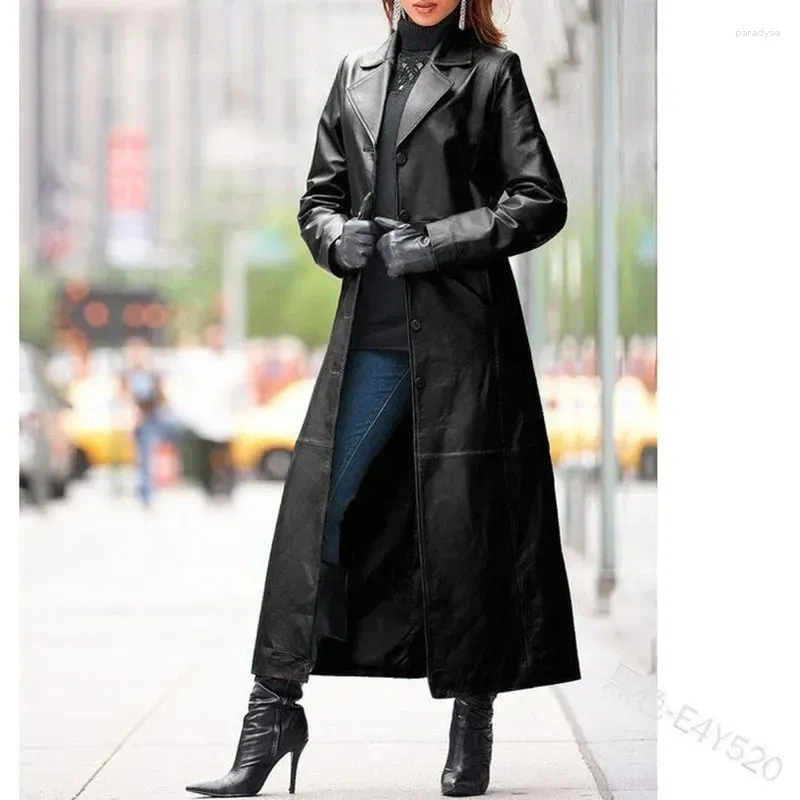 Robe en cuir pour femmes, Cool, manteau à revers à boutons, coupe cintrée étendue, grand coupe-vent, 2023