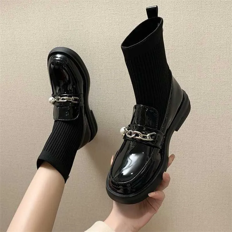 Top Boots Sock Women's British Style Versatile Short Spring Autumn New Small Leather Shoes with Socks Flat Bottom