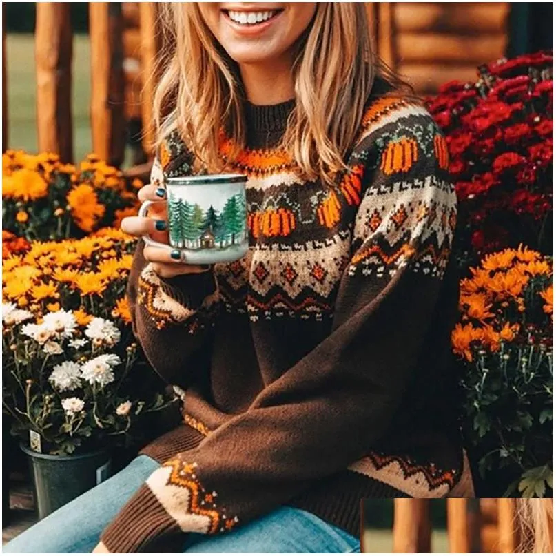 Womens Sweaters Boho Pumpkin Knitted Plovers Women Christmas Ladies Ethnic Warm Female Loose 2021 Autumn Winter Fashion Drop Deliver