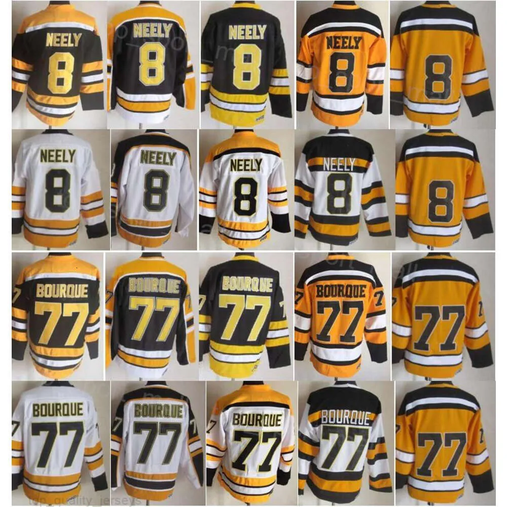 Man Retro Hockey 77 Ray Bourque Jerseys 8 Cam Neely Vintage Classic Team Color Black White Yellow Brodery for Sport Fans Pension CCM Breattable 75 årsdag