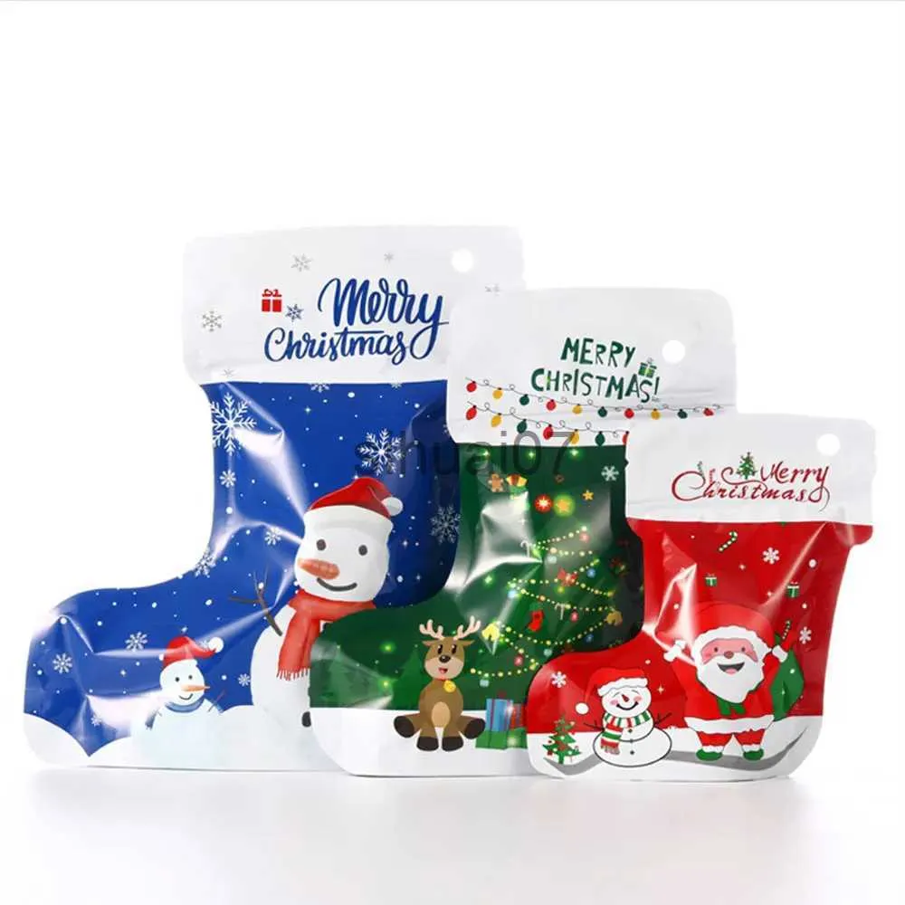 Décorations de Noël 10 sacs cadeaux de Noël à fermeture éclair chaussettes bottes Père Noël bonhomme de neige sacs de bonbons en résine fête du Nouvel An emballage de Noël décoration x1019 x1020