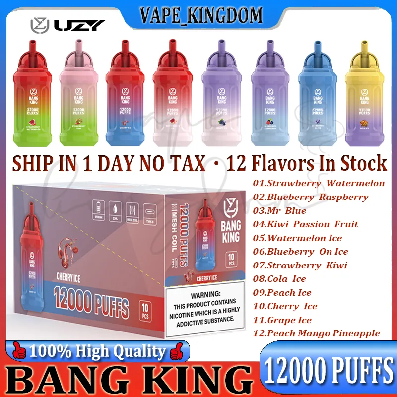Original UZY Bang King 12000 Puff Disposable E Cigarettes 0.8ohm Mesh Coil 23ml Pod Battery Rechargeable Electronic Cigs Puff 12K 0% 2% 3% 5% Vape Pen Kit Customizable