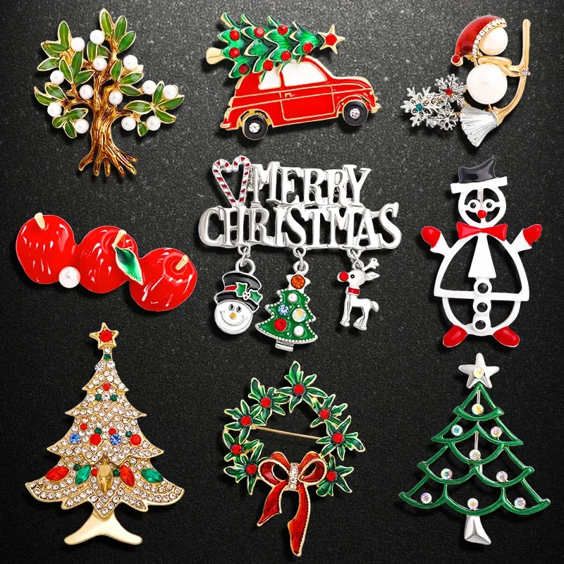 Exquisite Enamel Christmas Brooch Pin Car, Tree, Snowman, And