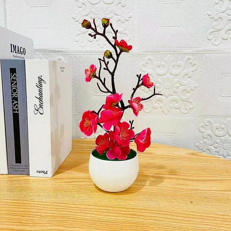 장식용 꽃 1pcs Bonsai Silk Plum 인공 화분 화 된 식물 꽃 시뮬레이션 겨울 지점 화병 웨딩 홈룸 장식