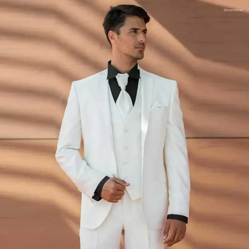 Costumes pour hommes personnalisés en satin blanc hommes pour pantalons de mariage cranté revers marié smoking garçons d'honneur blazers 3 pièces mince Terno Masculino