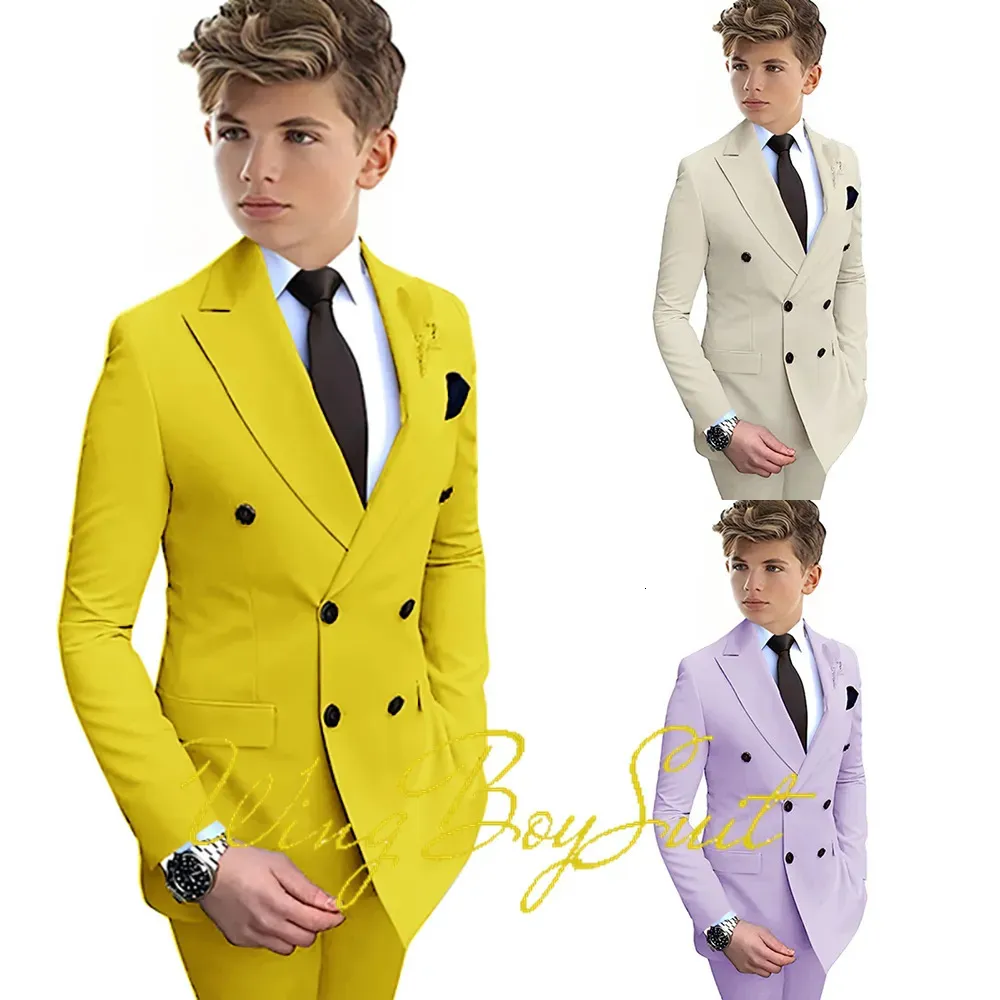 Tute Giallo Ragazzi Abito Doppio Petto Giacca Pantaloni 2 Pezzi Set Stile Business Formale Smoking da Sposa Taglia Personalizzata Blazer Bambini 231019