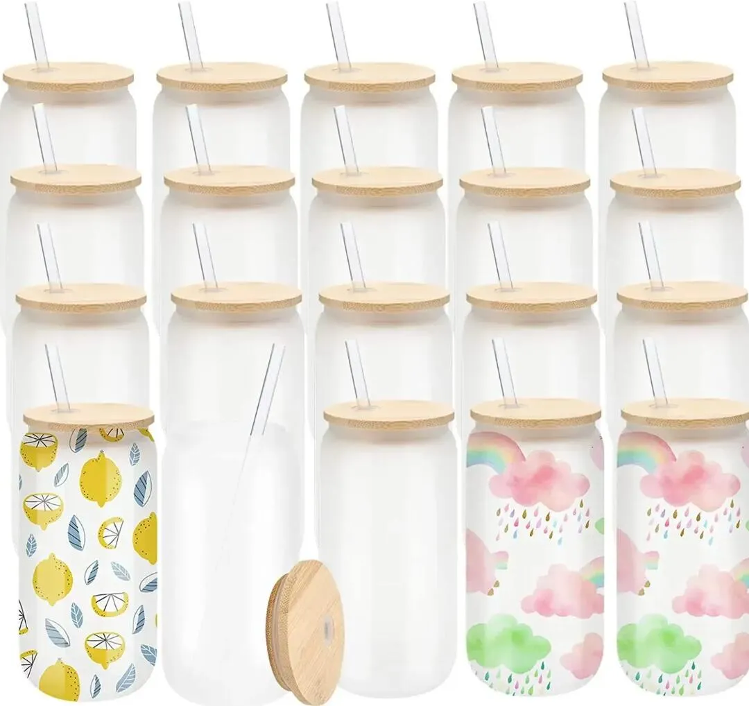 US CA Warehouse!!! ship in 24h 16oz Sublimation Frosted Glass Mugs Cup Blanks With Bamboo Lid Clear Beer Can Glasses Tumbler Mason Jar Plastic Straw NEW GG1019