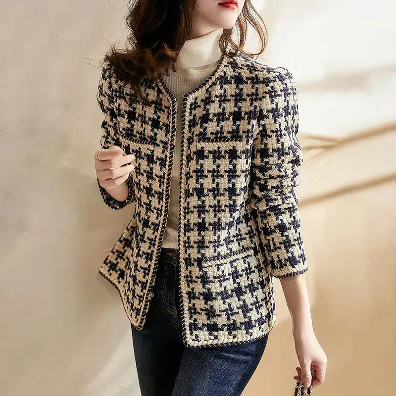 Женская шерстяная смесь, винтажное осеннее клетчатое твидовое женское шерстяное пальто, элегантная тканая куртка в Корейском стиле с круглым вырезом и длинным рукавом, офисная женская повседневная кардиган, верхняя одежда 231019