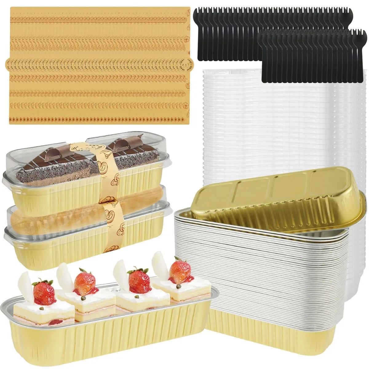 Bakning formar 100 st mini loaf kokkärl med lock aluminium folie bakpannor bannor containrar engångsmuffins burkar cupcake koppar kök tillbehör 231018