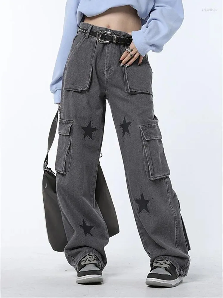 Kvinnors jeans vintage stjärna mönster baggy låg stigning tryck denim mamma y2k grunge 2000 -tal bred ben last byxor streetwear byxor kvinnor