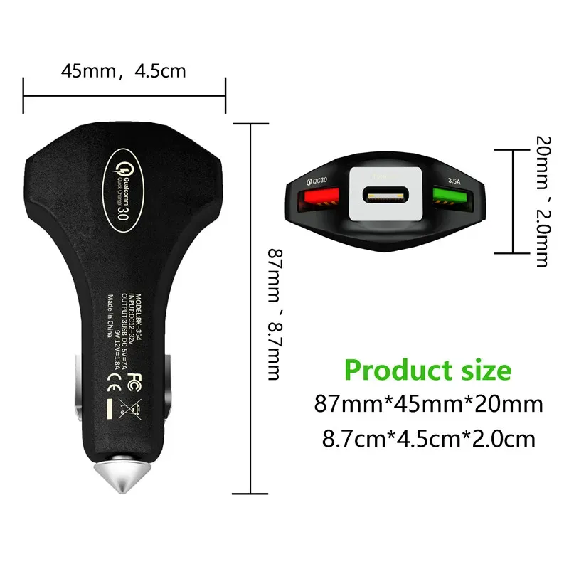QC3.0 Fast Charging 3 Port Car  Quick charging 7A 35W Type c Hammer Safety Car chargers for samsung pc mp3 android phone
