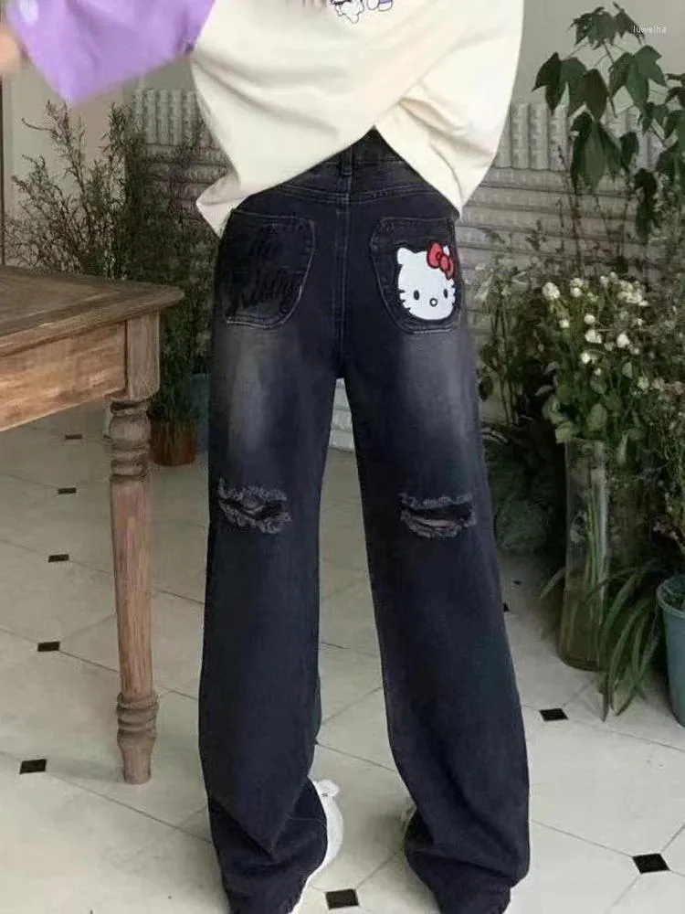 Jeans femininos yiciya y2k estilo dos desenhos animados bordado buracos calças femininas 90s roupas vintage calças jeans de pernas largas jean 2023