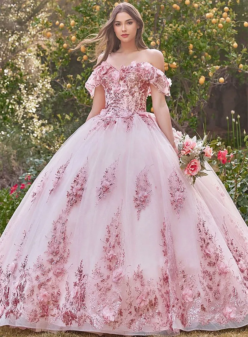 Pink Floral Off Shoulder Princess Quinceanera Dresses Bow Back Lace Appliques Flowers Long Sweet 16 Dress For Girls 2024 Gorgeous Prom Occasion Dress