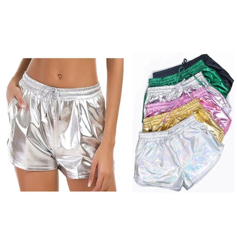 Shorts pour femmes femmes brillant métallique 2022 été holographique Look mouillé décontracté élastique Dstring Festival Rave butin livraison directe