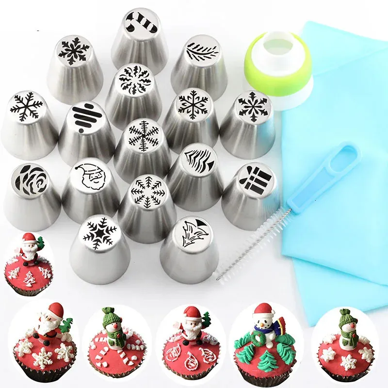 Kek Araçları 19 PCS Rus Cupcake Paslanmaz Çelik Noel Ağacı Buzlanma Boru Tip Hamur kurulu torbası nozulları Bağlayıcı Krem Dekorasyon 231018