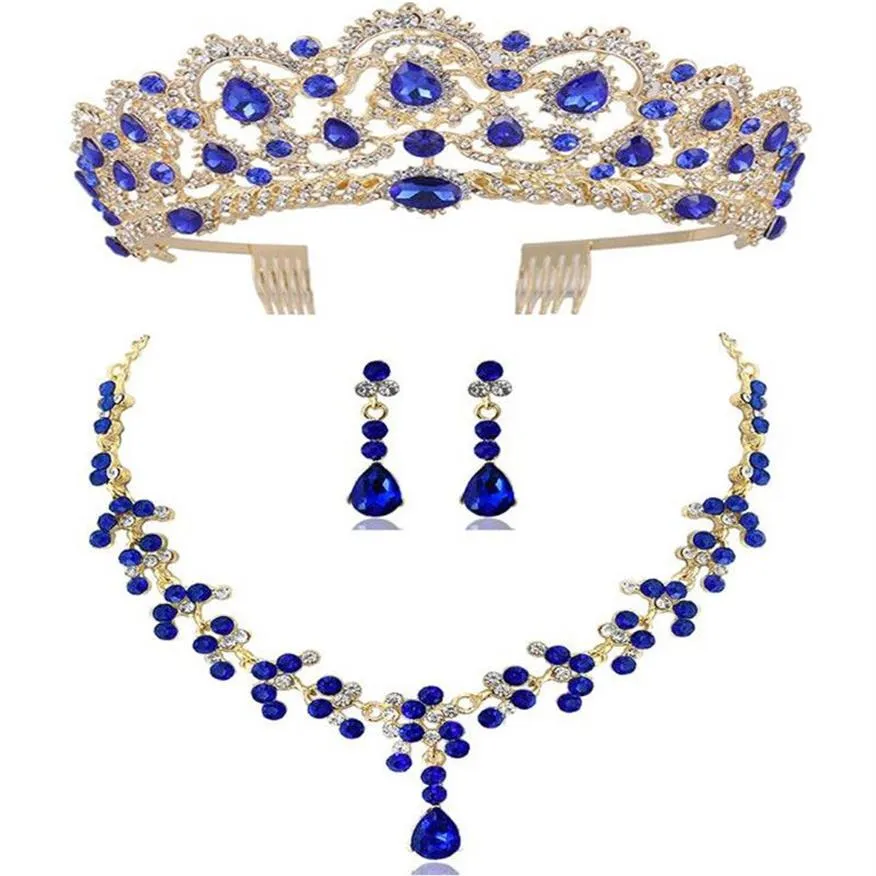 Diezi New Red Green Blue Crown and Naszyjnik Zestaw biżuterii Tiara Rhinestone Wedding Małżeński Zestawy Akcesoria 261Y