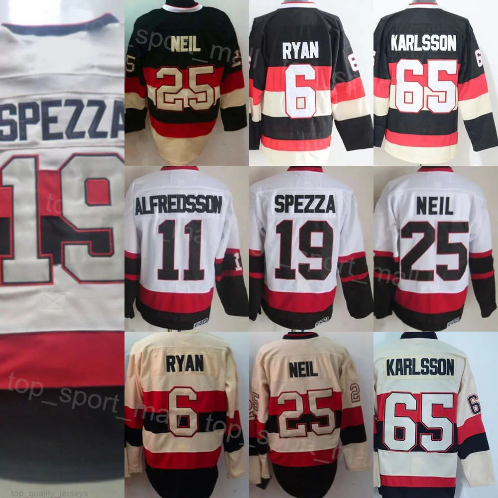 Homem Retro Hóquei 25 Chris Neil Jerseys Vintage Clássico 11 Daniel Alfredsson 6 Bobby Ryan 65 Erik Karlsson 19 Jason Spezza Tudo Costura Preto Branco Bege Cor da Equipe