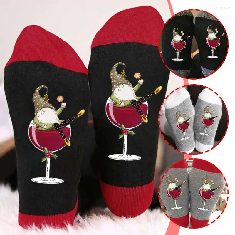 Женские носки, 1 пара, женские рождественские гномы, бокалы для вина, унисекс, хлопковые трубки, счастливые носки, мужские годовые забавные носки